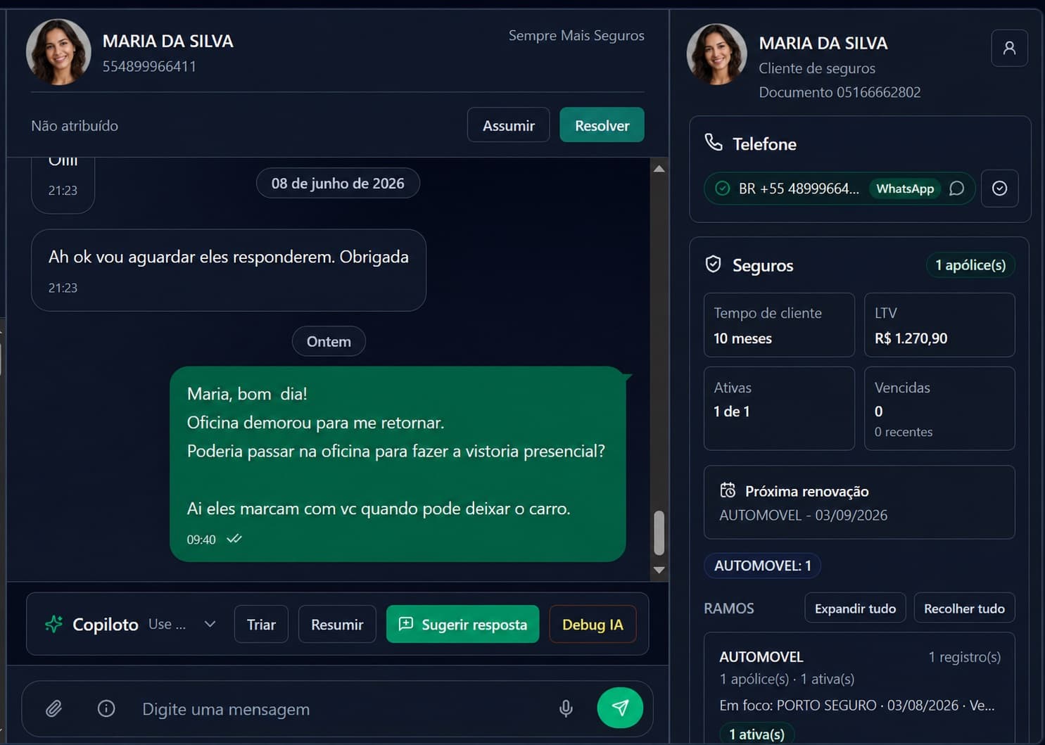 Inbox do ConectaNos com conversa de WhatsApp, copiloto de IA e contexto do cliente de seguros
