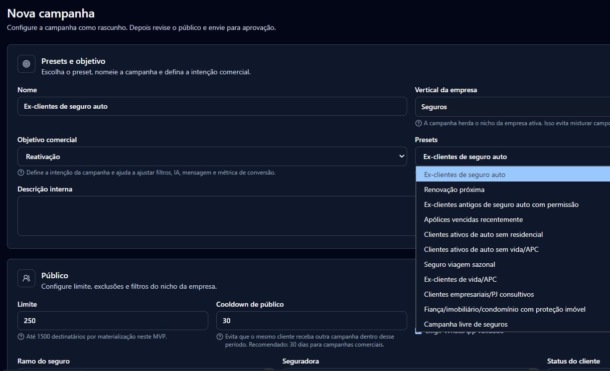 Tela de nova campanha do ConectaNos com presets, objetivo comercial e configuração de público